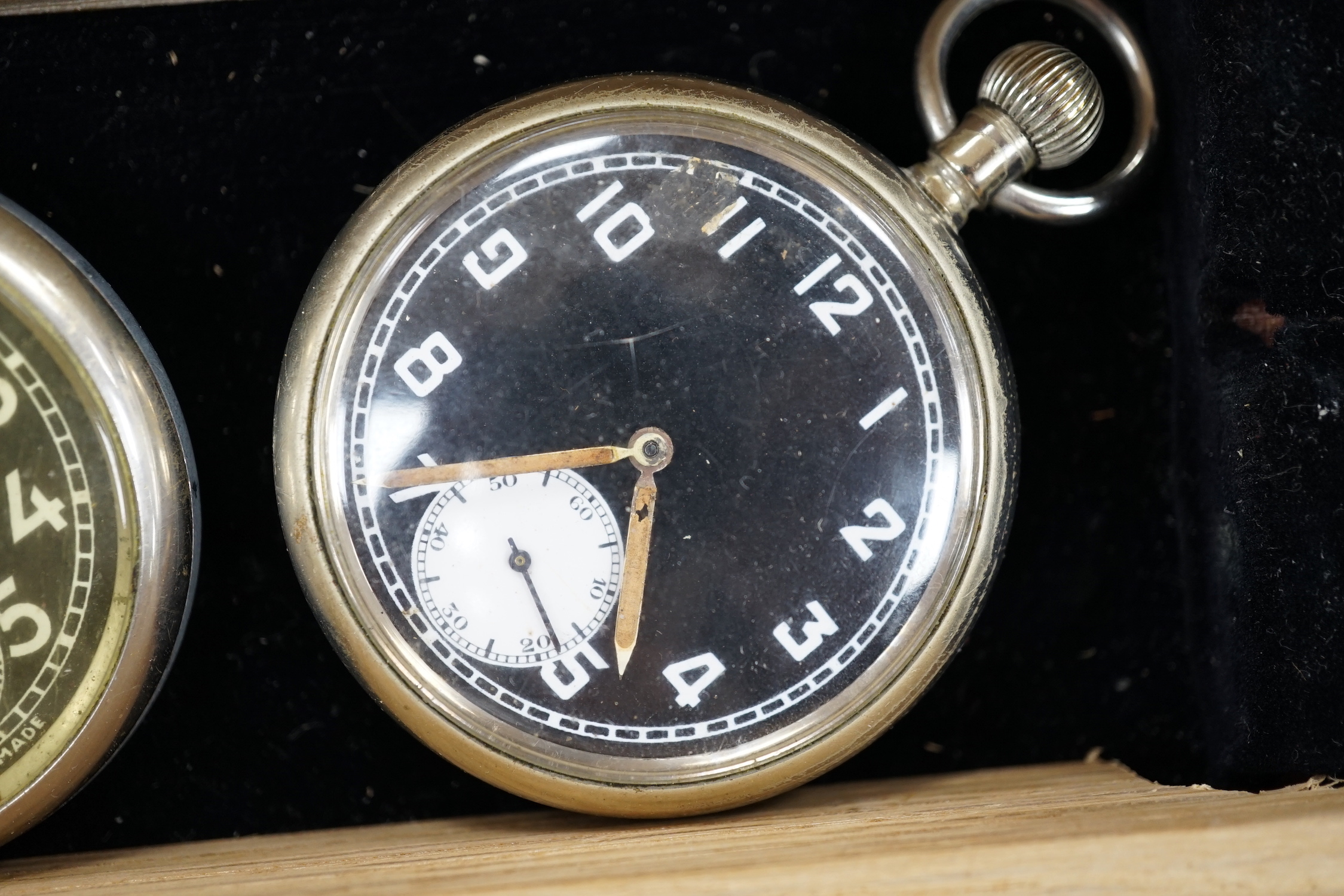 Eight assorted base metal pocket watches including Longines and Acme Lever.